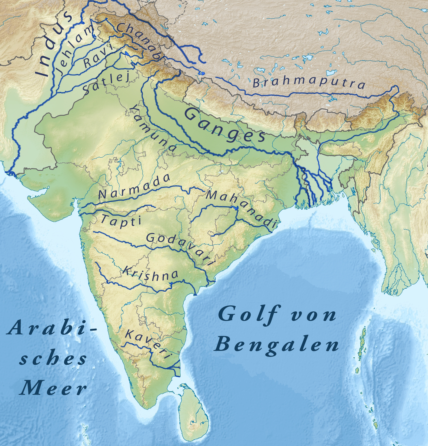 Physical Map of India with labeled rivers - Indus, Ganges, Brahmaputra, Narmada, Godavari, Krishna, Kaveri
